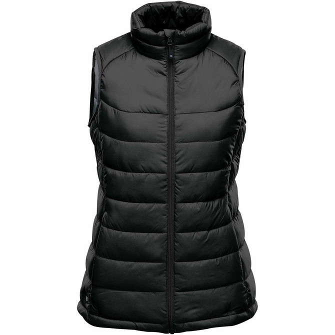 A black thermal vest with a high collar and zip front, featuring a quilted design and armholes.