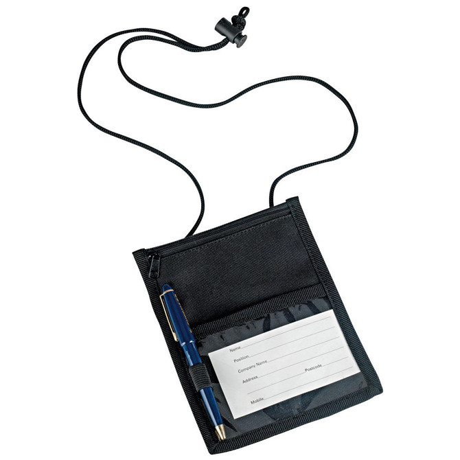 A black neck wallet featuring a transparent pouch, a pen, and an adjustable cord for easy carry.
