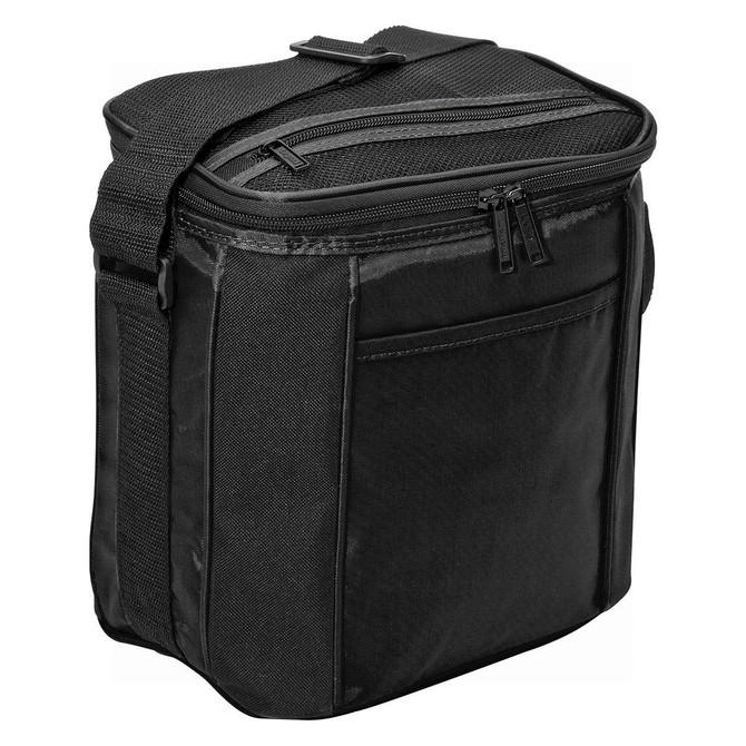 A black cooler bag with a zippered top, shoulder strap, and side pocket, featuring a logo.