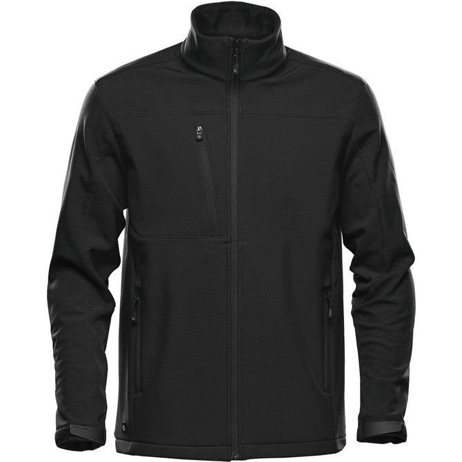 A black softshell jacket with a zippered chest pocket and two side pockets, featuring a collar and a logo.