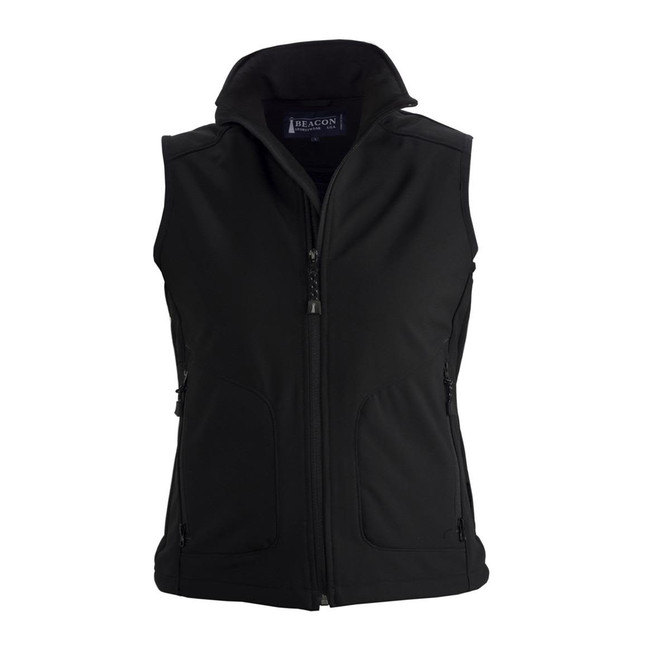 A black women's softshell vest featuring zippered pockets and a stand-up collar. It has a logo on the upper back.