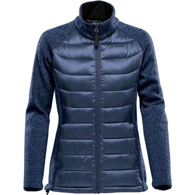 A women's hybrid jacket in navy blue with a mix of padded and soft fabric textures, featuring a high collar and zip closure.