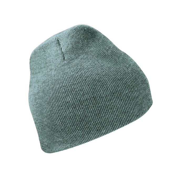 A green knit beanie made from soft fabric with a fitted design and a subtle logo.