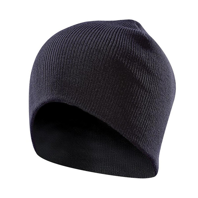 A dark navy beanie with a ribbed texture and an interior lining, featuring a logo on the side.