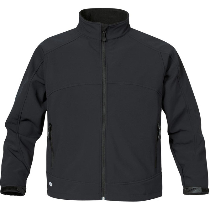 A black men's Cirrus Bonded Jacket featuring a high collar and zippered pockets, with a logo on the front.