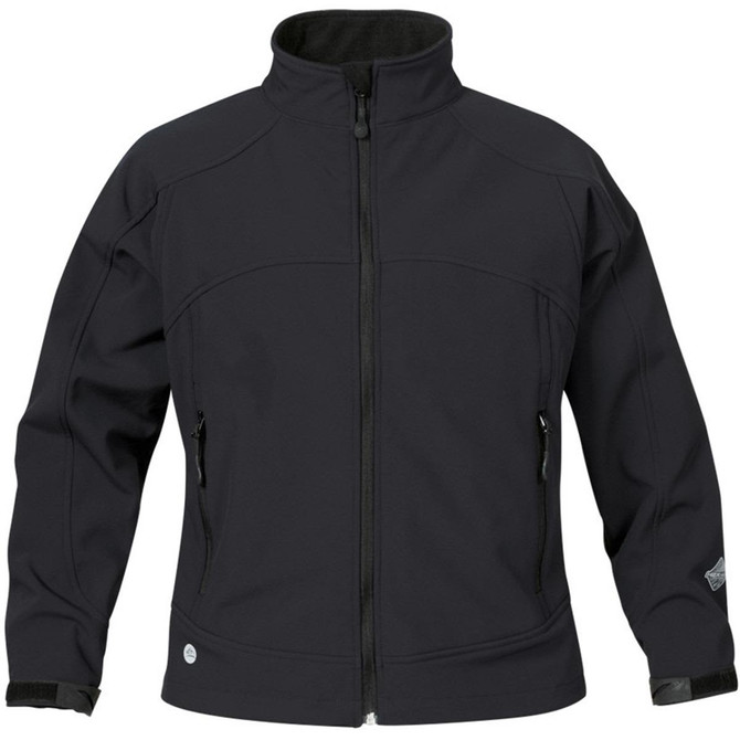 A black women's Cirrus Bonded Jacket with a zip front, featuring two side pockets and a logo.