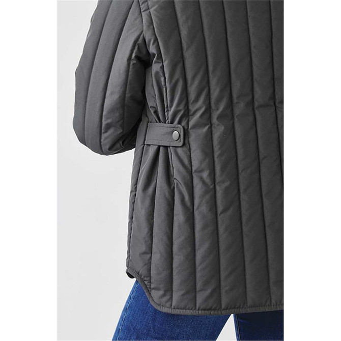 A women's thermal jacket in dark grey featuring a quilted design and side button detail.