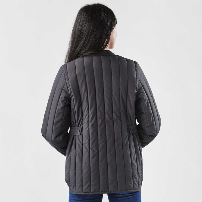 A quilted women's jacket in dark grey, featuring a fitted design and a logo on the back.