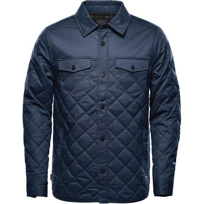 A navy blue quilted jacket featuring a button-up front, two chest pockets, and a classic collar.