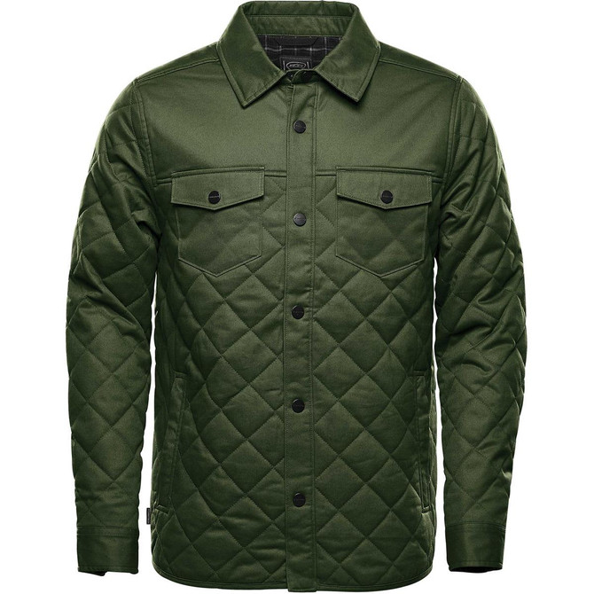 A quilted jacket in dark green with a collared neckline and two chest pockets, featuring a logo.
