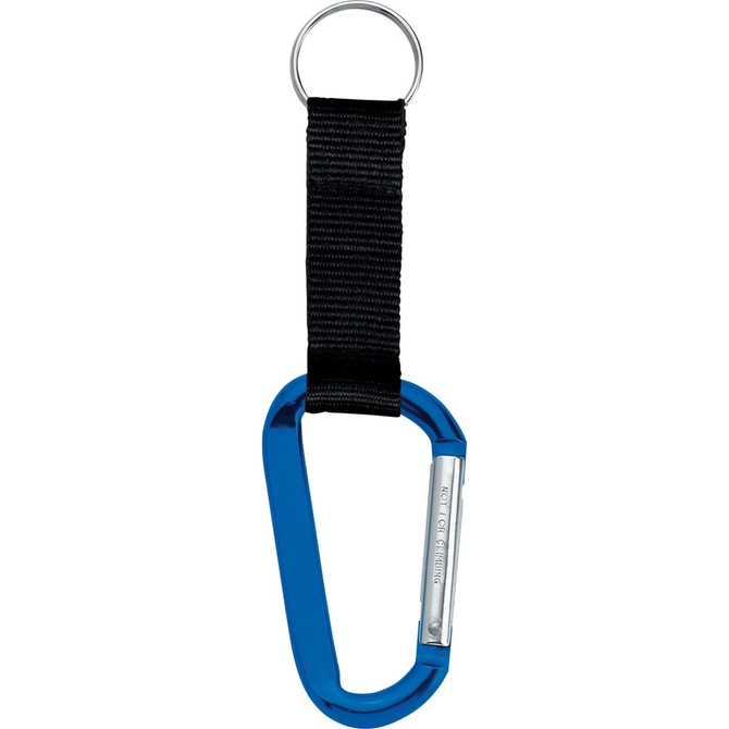 A blue carabiner attached to a black strap and keyring. The product features a logo.