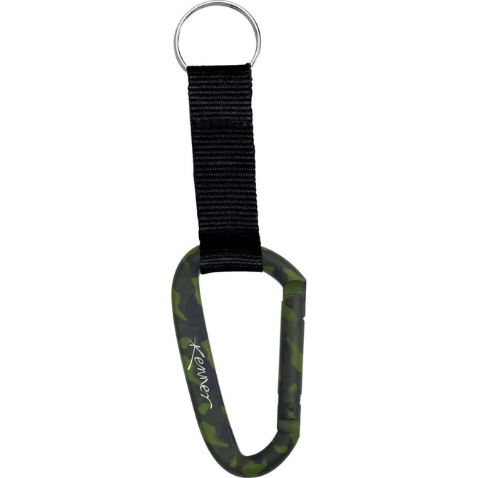 A green camo carabiner with a black strap and silver keyring attachment. It features a logo.