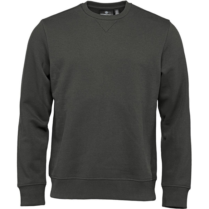 A green Men's Yukon Crew Pullover sweater with a slight texture and a logo on the label.