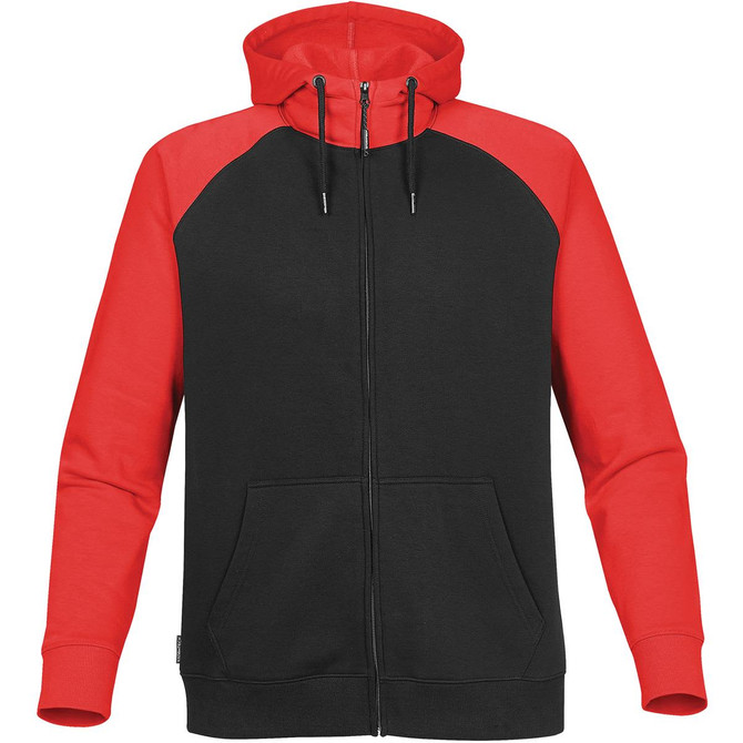 Men's Omega Zip Hoody in black and red, featuring a zip front and a hood, with a pouch pocket and branding.