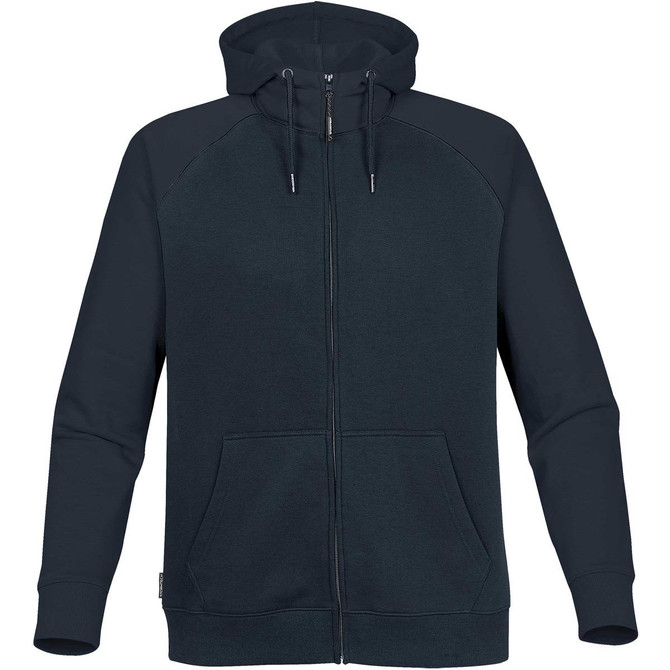 A dark green zip-up hoodie featuring a hood and front pockets, with a subtle logo on the side.