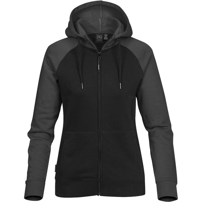 A women's zip hoodie in black with contrasting grey sleeves, featuring a hood and front pockets, includes a logo.