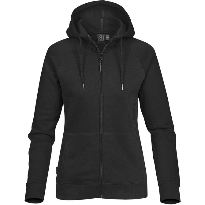 A black women's zip-up hoodie with a hood, featuring a logo and front pockets.