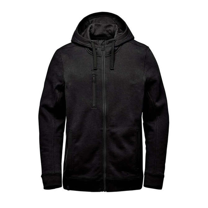 A black fleece hoody with a zip front, drawstring hood, and side pockets. It features a logo on the chest.