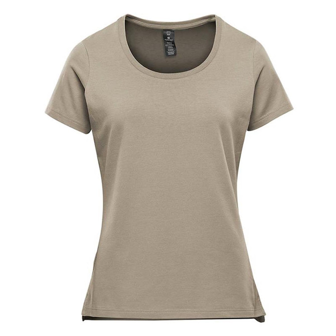 A short sleeve tee in a light khaki colour, featuring a round neckline and a logo on the label.