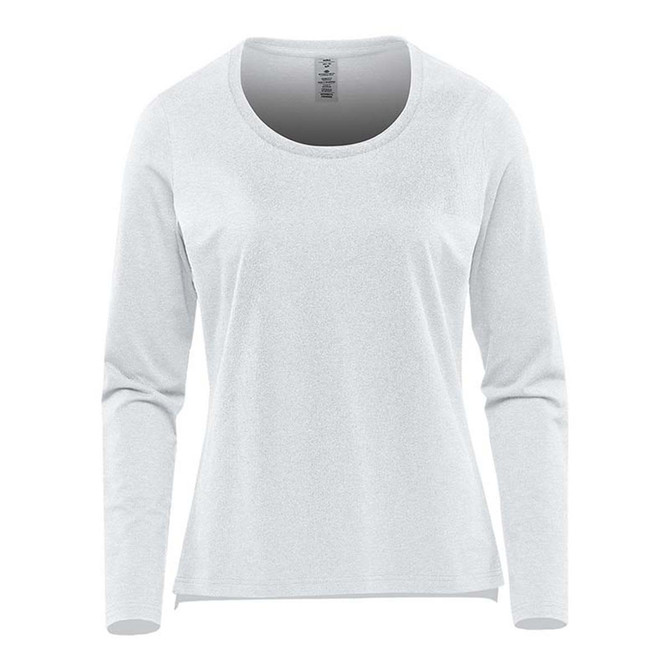 A light grey long sleeve performance tee featuring a round neckline and logo on the label.