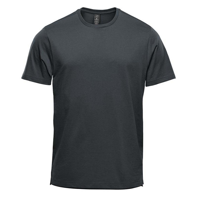 A dark green men's short sleeve tee with a simple design and a logo on the label.