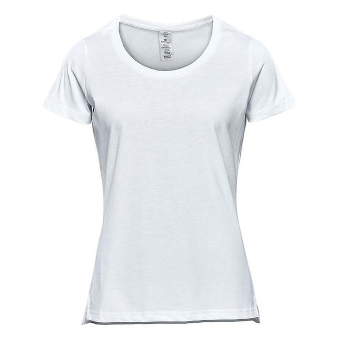A light blue women's short sleeve tee with a round neckline, featuring a brand logo on the label.