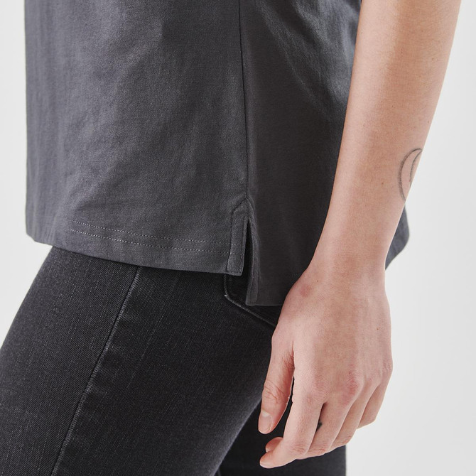 A dark grey women's short sleeve tee featuring side slits at the hem.