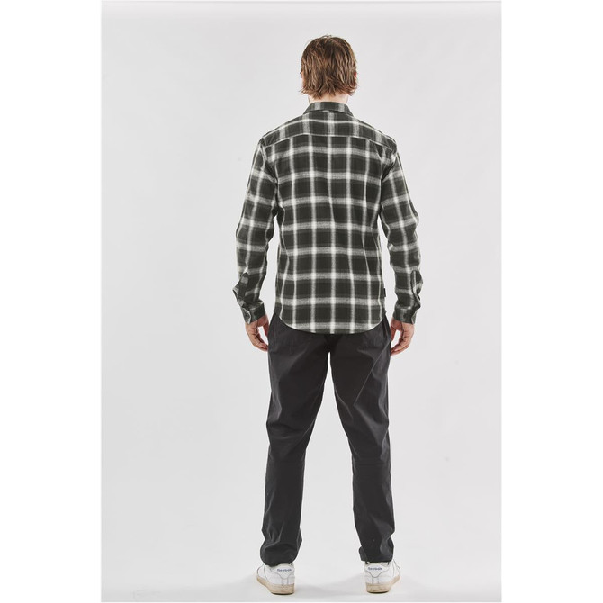A men's long-sleeve button-up shirt in a black and green plaid pattern, shown from the back. The model is wearing black trousers.