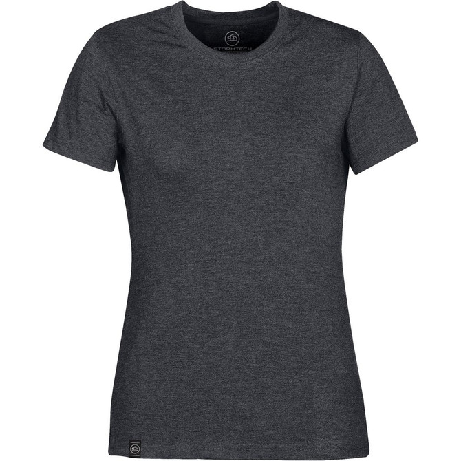 A women's short sleeve T-shirt in dark grey with a fitted design and a logo on the hem.