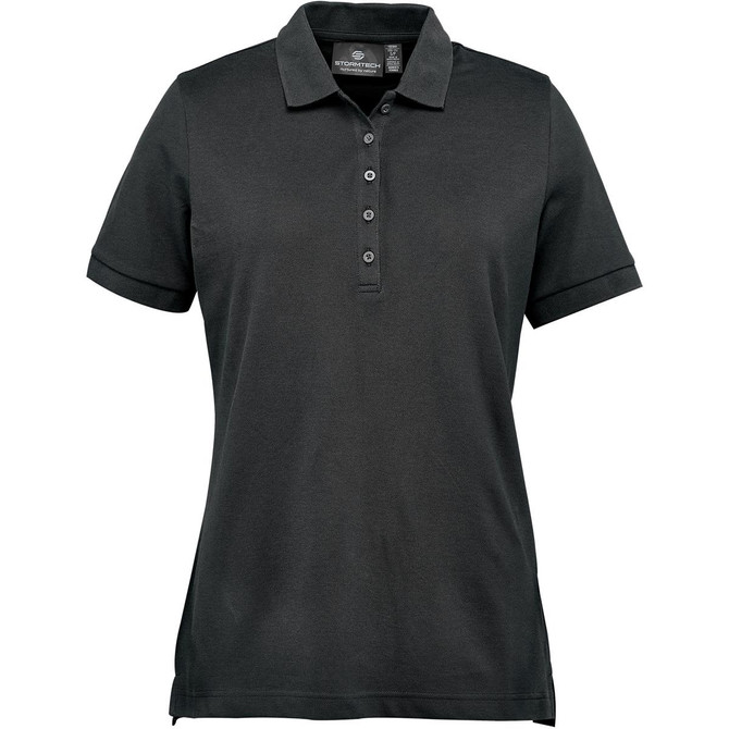 A women's polo shirt in dark grey, featuring a button placket and a branded logo. Short sleeves and a classic fit.