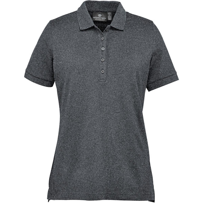 A grey women's polo shirt featuring short sleeves, a collar, and a branded label at the neckline.