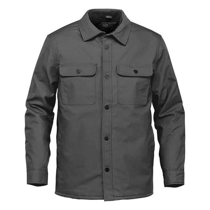 A grey men's jacket with two chest pockets and a button-up front, featuring a logo on the chest.
