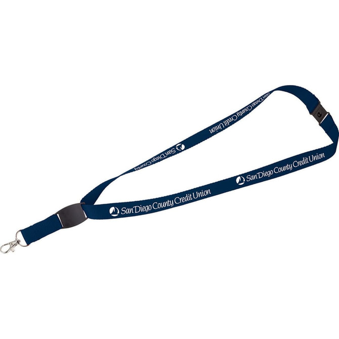 A navy blue lanyard featuring a clip and branding, suitable for exhibitions and events.