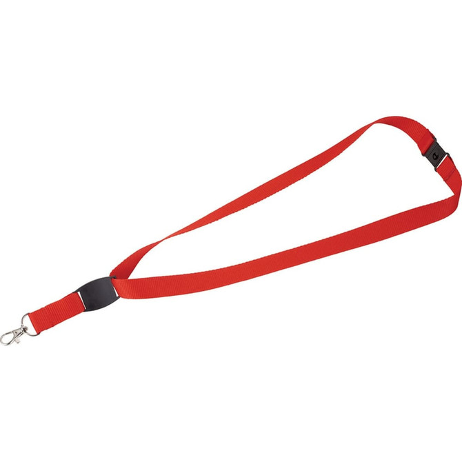 A red flat panel lanyard with a clip attachment for holding cards or badges.