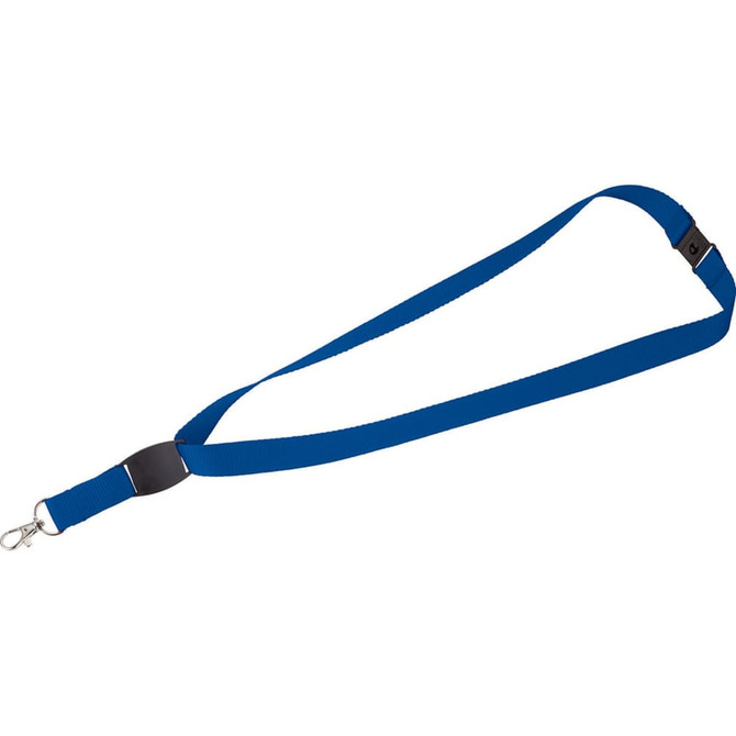 A blue lanyard featuring a flat panel and a clip for attachments, designed for exhibitions and events.