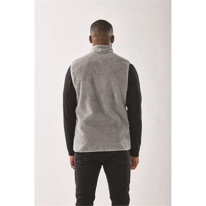 A grey men's Sherpa fleece vest with a high collar, featuring a logo on the back.