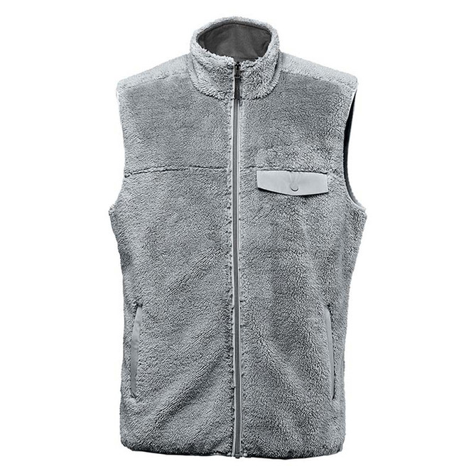 A grey men's sherpa fleece vest featuring a zip front, high collar, and a chest pocket with branding.