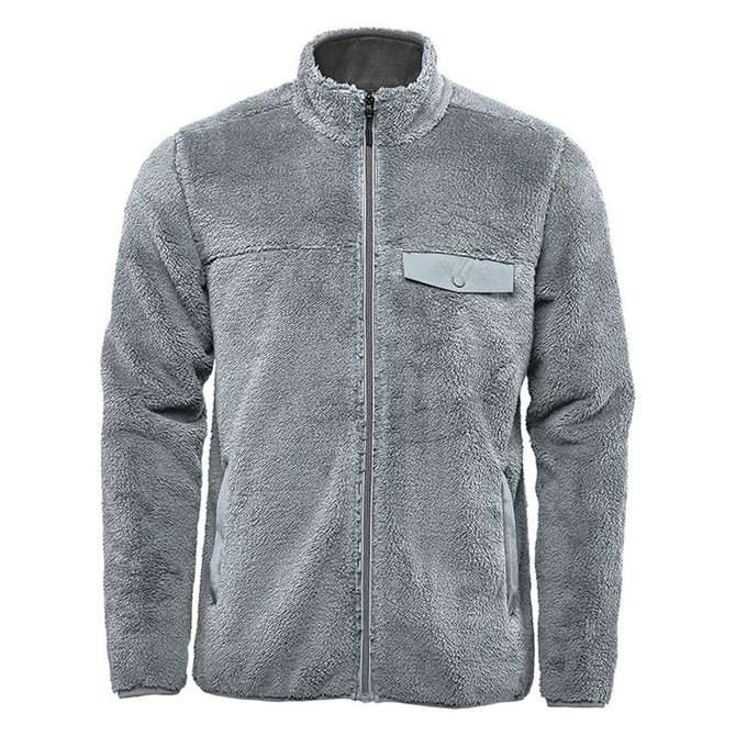 A grey men's Bergen Sherpa fleece jacket with a zip front and a chest pocket, featuring a logo.