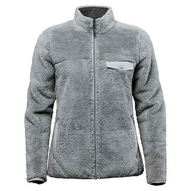 A women's polar fleece jacket in a soft grey shade featuring a zip front and a pocket on the chest.