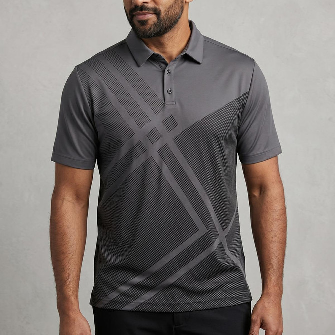 Men's Reflex Polo in grey with a geometric pattern and a logo. Short sleeves and a classic collar design.