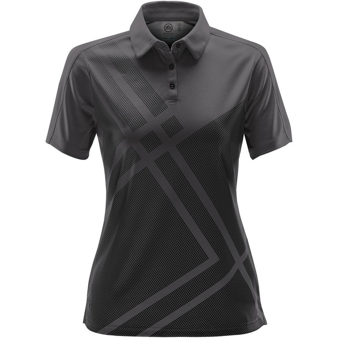 A dark grey women's polo shirt featuring a geometric pattern and a collar. The shirt has a logo on it.