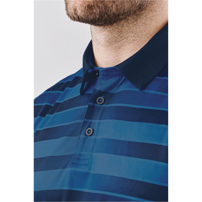 A close-up of a men's polo shirt with navy and blue striped pattern and a collar. It features a logo on the chest area.