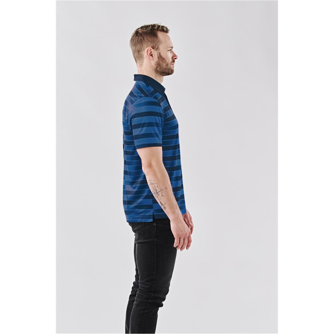 A side view of a navy blue and striped men's polo shirt, featuring a collar and a logo on the chest.