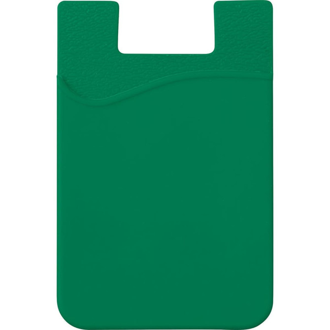 A green silicone card wallet featuring a smooth texture and a curved design. It includes a branding logo.