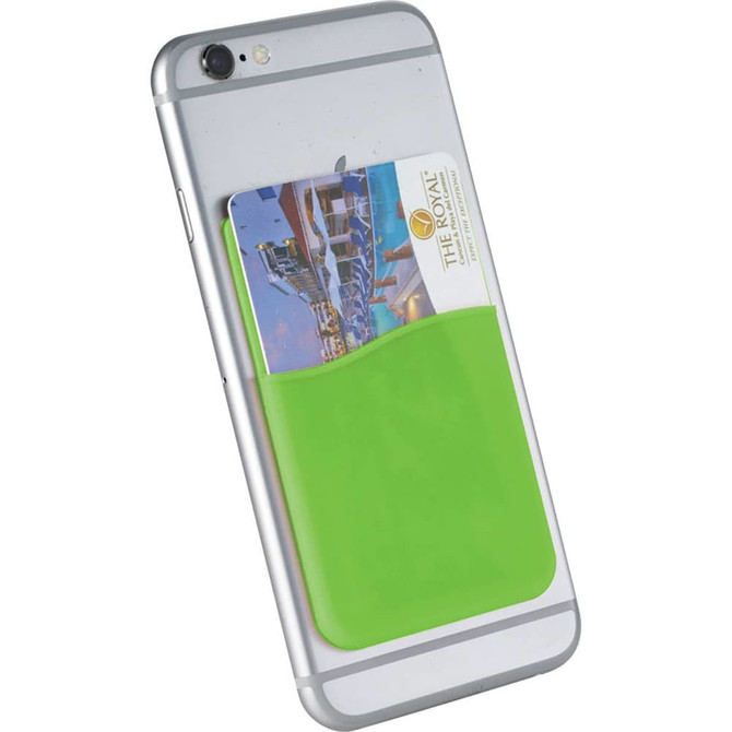 A green silicone card wallet attached to the back of a smartphone, holding a card inside.