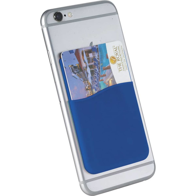 A blue silicone card wallet attached to the back of a silver smartphone, holding a card inside.