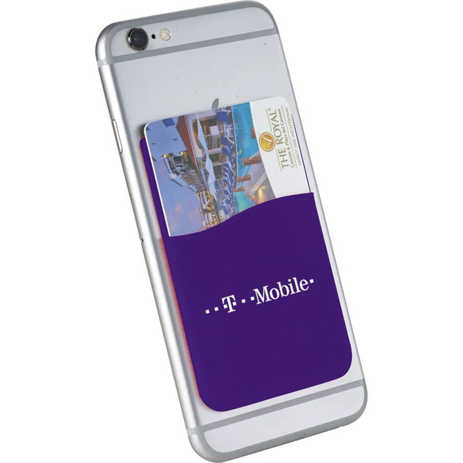 A purple silicone card wallet attached to a silver smartphone, holding a card.