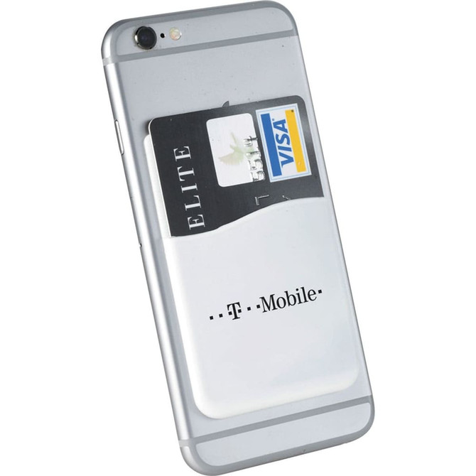 A grey phone with a white silicone card wallet attached, holding a credit card and featuring a logo.