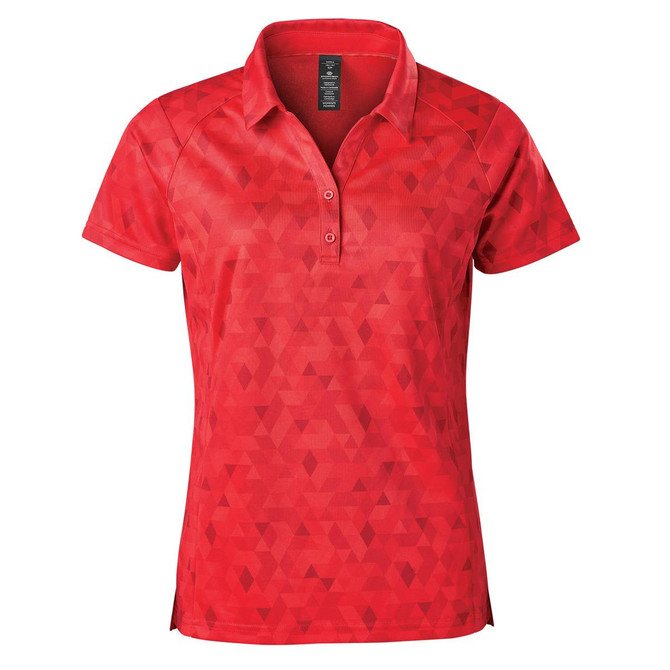 A red Women's Galapagos Polo featuring a geometric pattern and a collar. It has a logo on the design.
