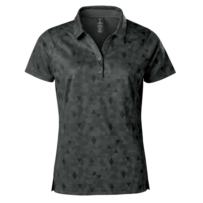 A women's polo shirt in dark green featuring a geometric pattern and a collar, with a logo on it.